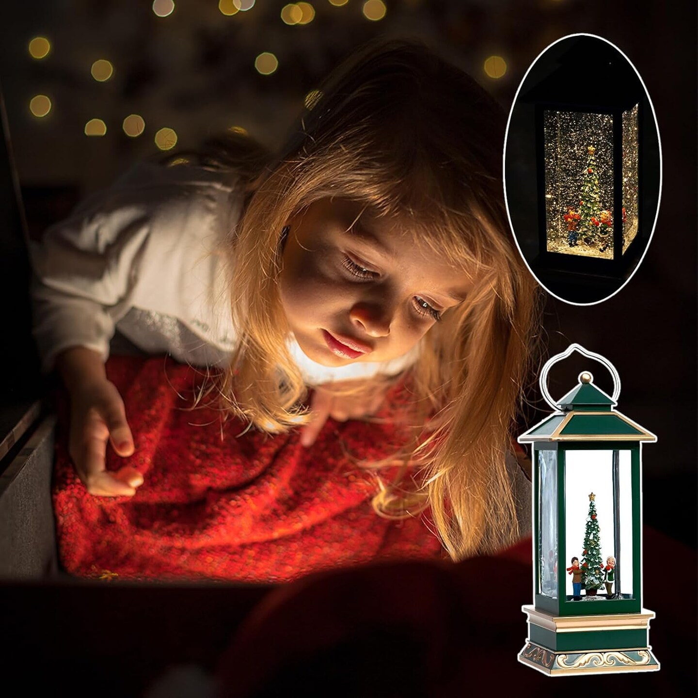 12&#x22; Christmas Snow Globe Lantern with Christmas Tree - Water Swirling Glitter LED Light Lantern with Music - Vintage Xmas Gifts - USB Plug or Battery Operated Home Decor (Christmas Tree)