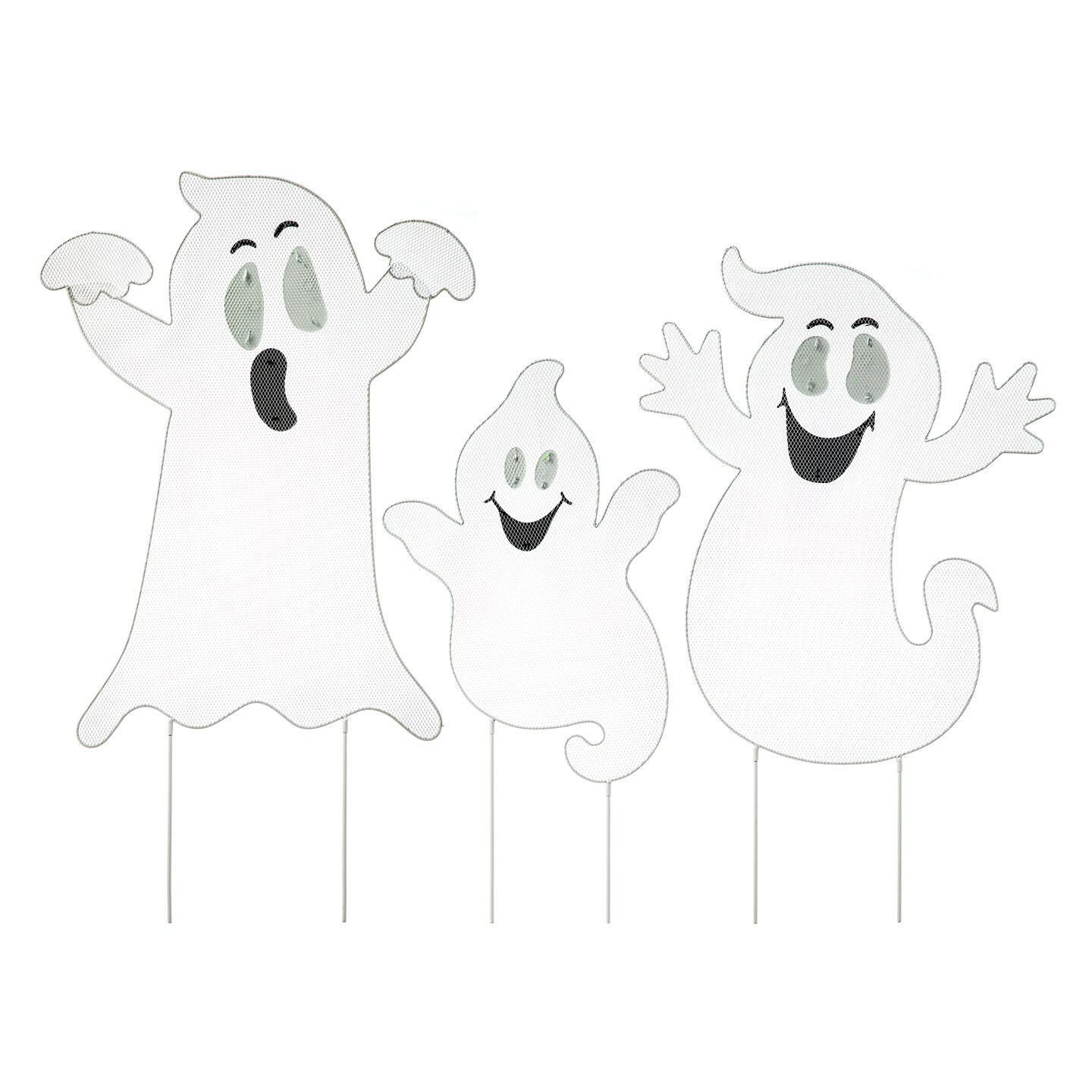 40&#x22;H Set of 3 Halloween Metal Mesh Glow in Dark Ghost Family Yard Stake