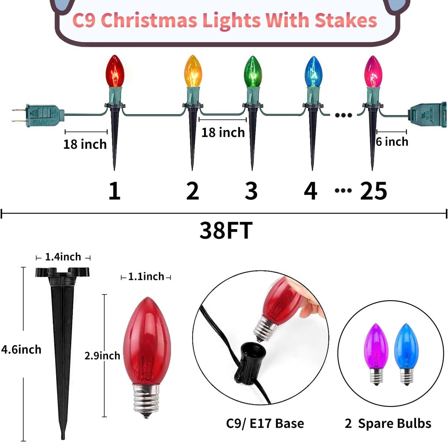 38 Feet Christmas Pathway Lights Christmas Decorations Outdoor Yard, C9 25 Walkway Lights with 25 Marker Stakes, Waterproof Connectable C9 String Lights for Driveway Yard Outdoor Christmas Decorations