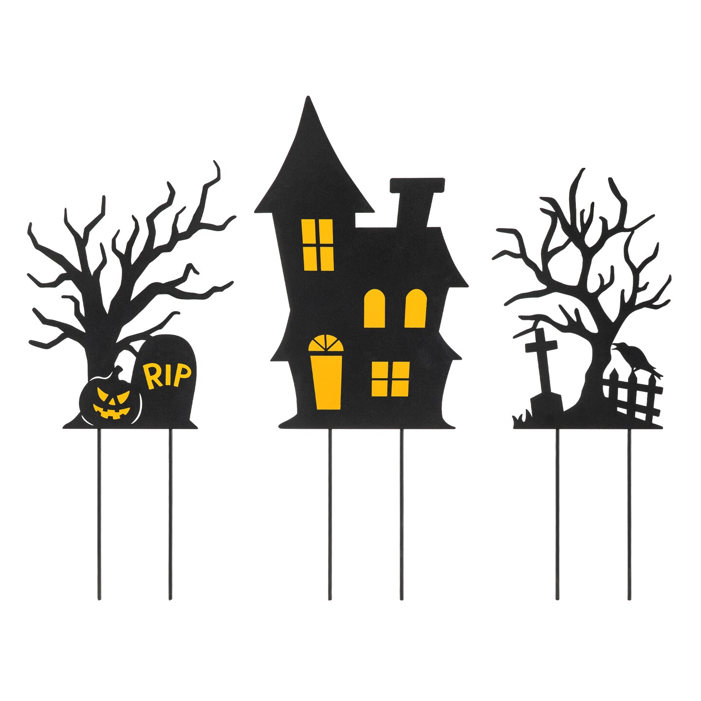 24&#x22;H Set of 3 Halloween Metal Silhouette Haunted House and Ghost Tree Yard Stake or Hanging Decor (KD, Two function)