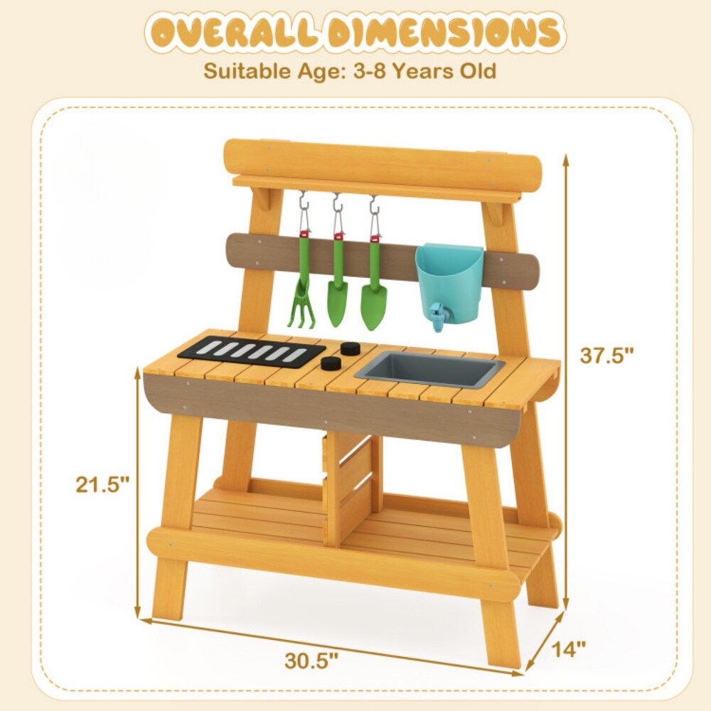 Natural Kids Outdoor Mud Kitchen with Grill Sink Faucet Fir Wood 30 Inch