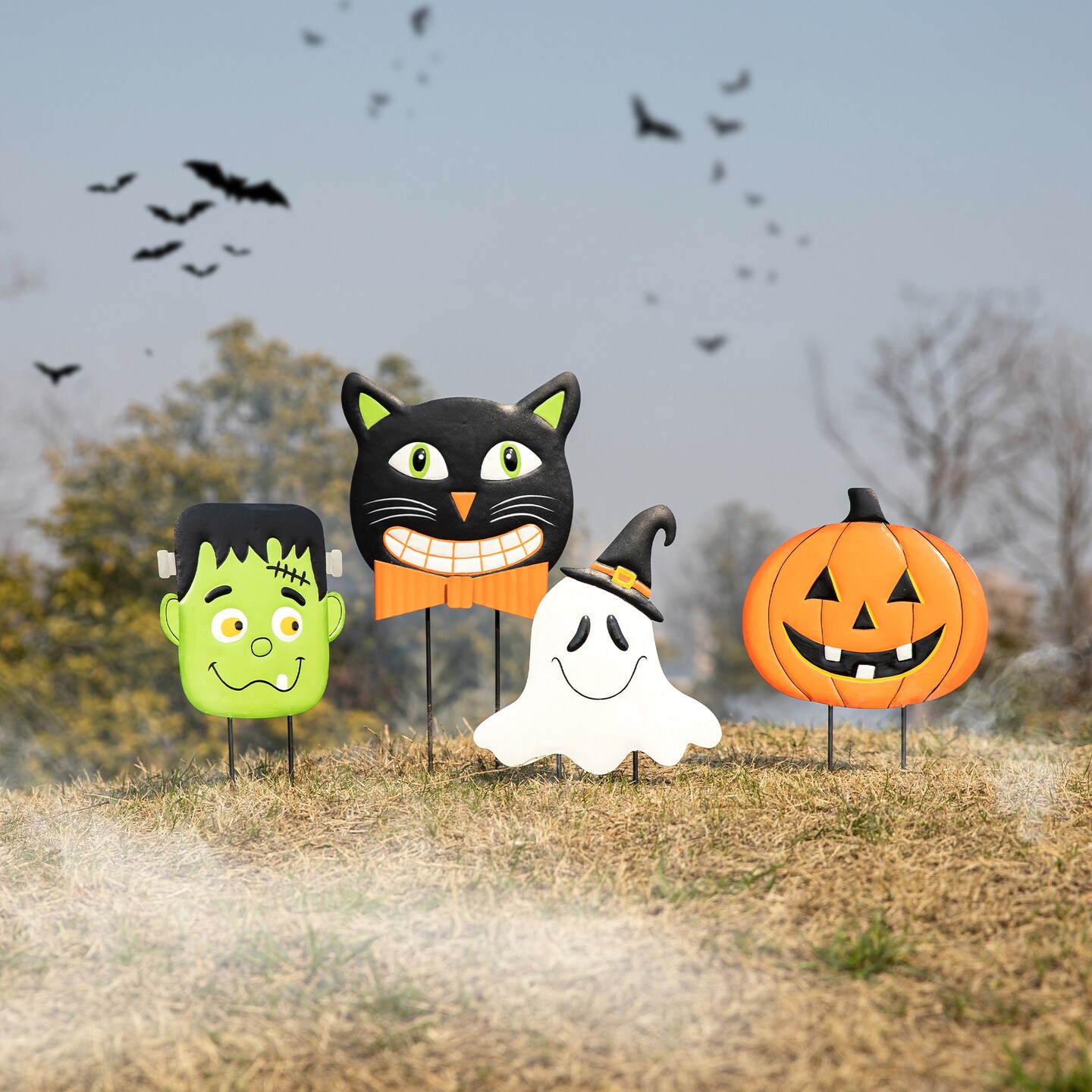 42.5&#x22;H Halloween Metal Stacked Ghost, Frankenstein, Black Cat &#x26; Pumpkin Yard Stake or Hanging Decor (KD, Two function)