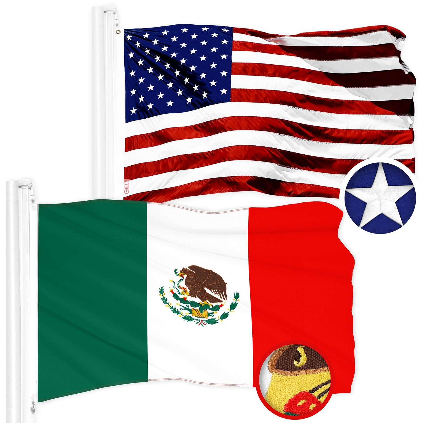 G128 Combo Pack: American USA Flag 1x1.5 Ft & Mexico Mexican Flag 1x1.5 Ft | Both ToughWeave Series Embroidered 300D Polyester, Embroidered Design, Indoor/Outdoor, Brass Grommets