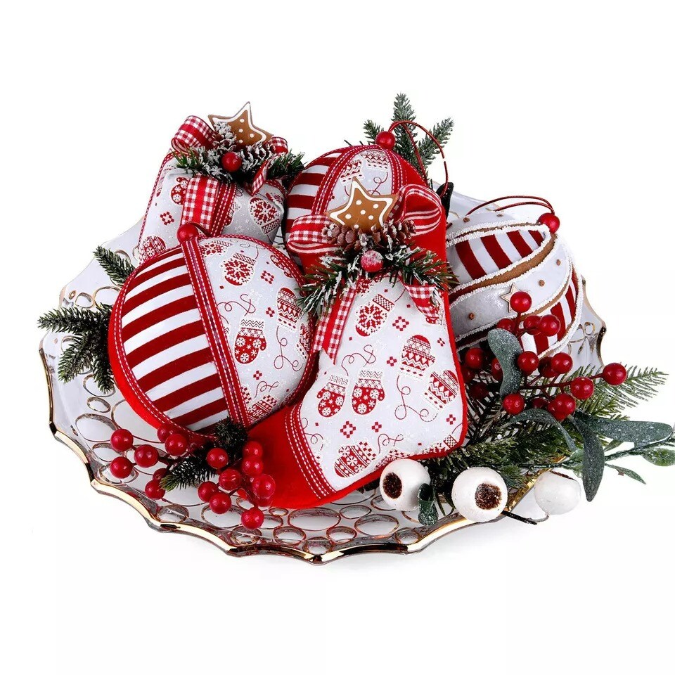 SET OF 5 RED AND WHITE CHRISTMAS ORNAMENTS - HANDMADE BAUBLES HOLIDAYS DECOR