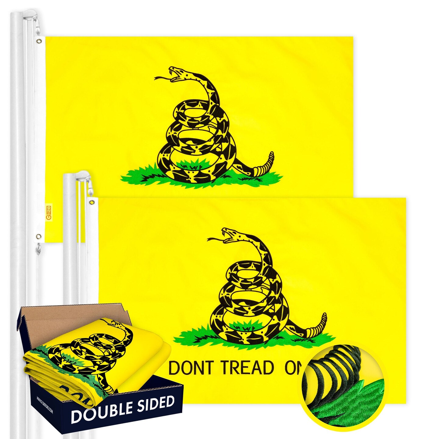 G128 2 Pack: Gadsden Don&#x27;t Tread On Me Flag | 1x1.5 Ft | Double ToughWeave Series Double Sided Embroidered 210D | Historical Flag, Embroidered Design, Indoor/Outdoor, Brass Grommets, Heavy Duty, 3-ply