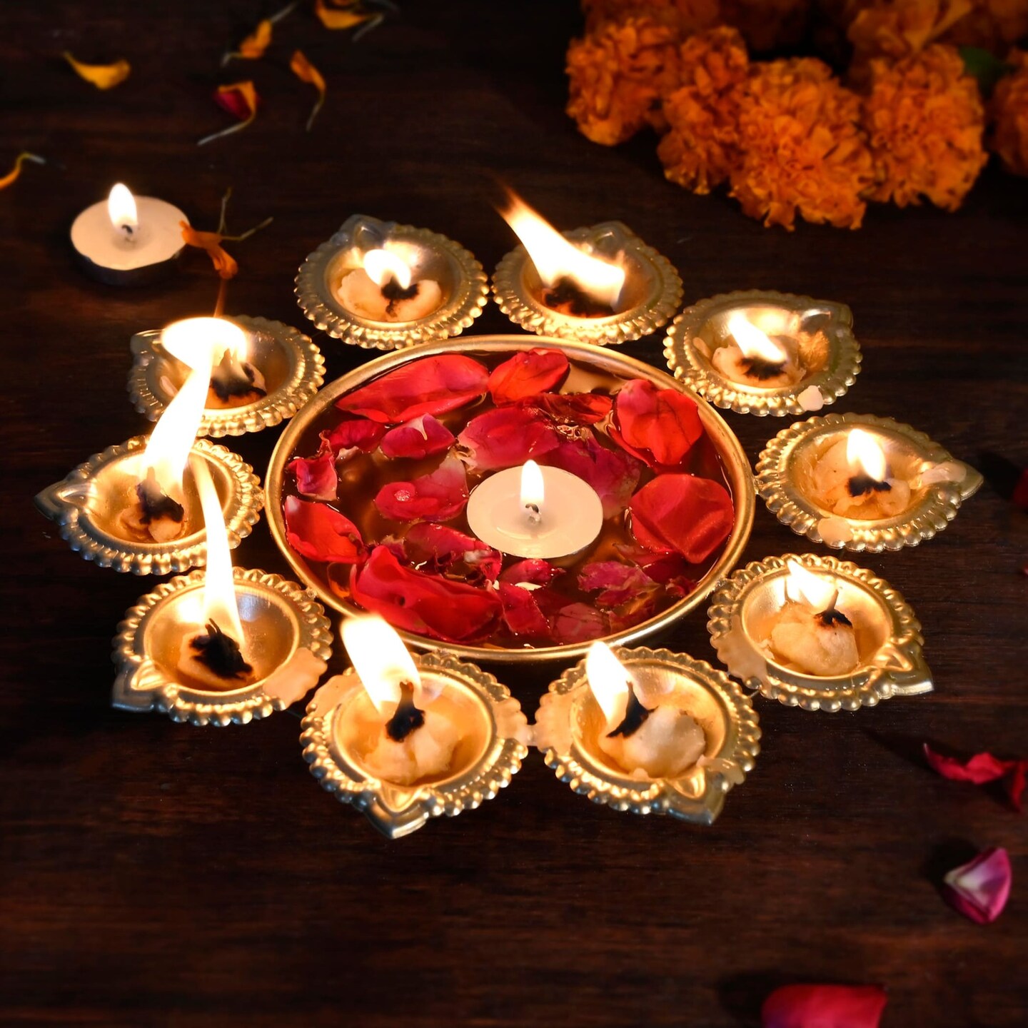 Urli Bowl Brass Finished Diya Shape Flower Decorative Urli Bowl for Floating Flowers Tea Light Candles Home Office Table Decor Diwali Decoration Indian Showpiece Items (10 Diyas)