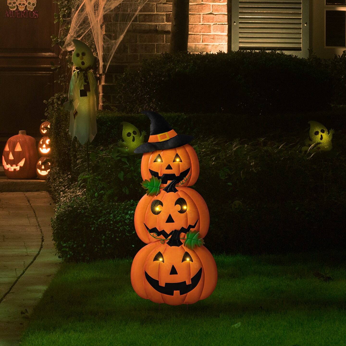 39.75&#x22;H Set of 3 Halloween Lighted Metal Stacked Jack-O-Lantern Yard Stake or Hanging Decor with Timer (KD, Two function)