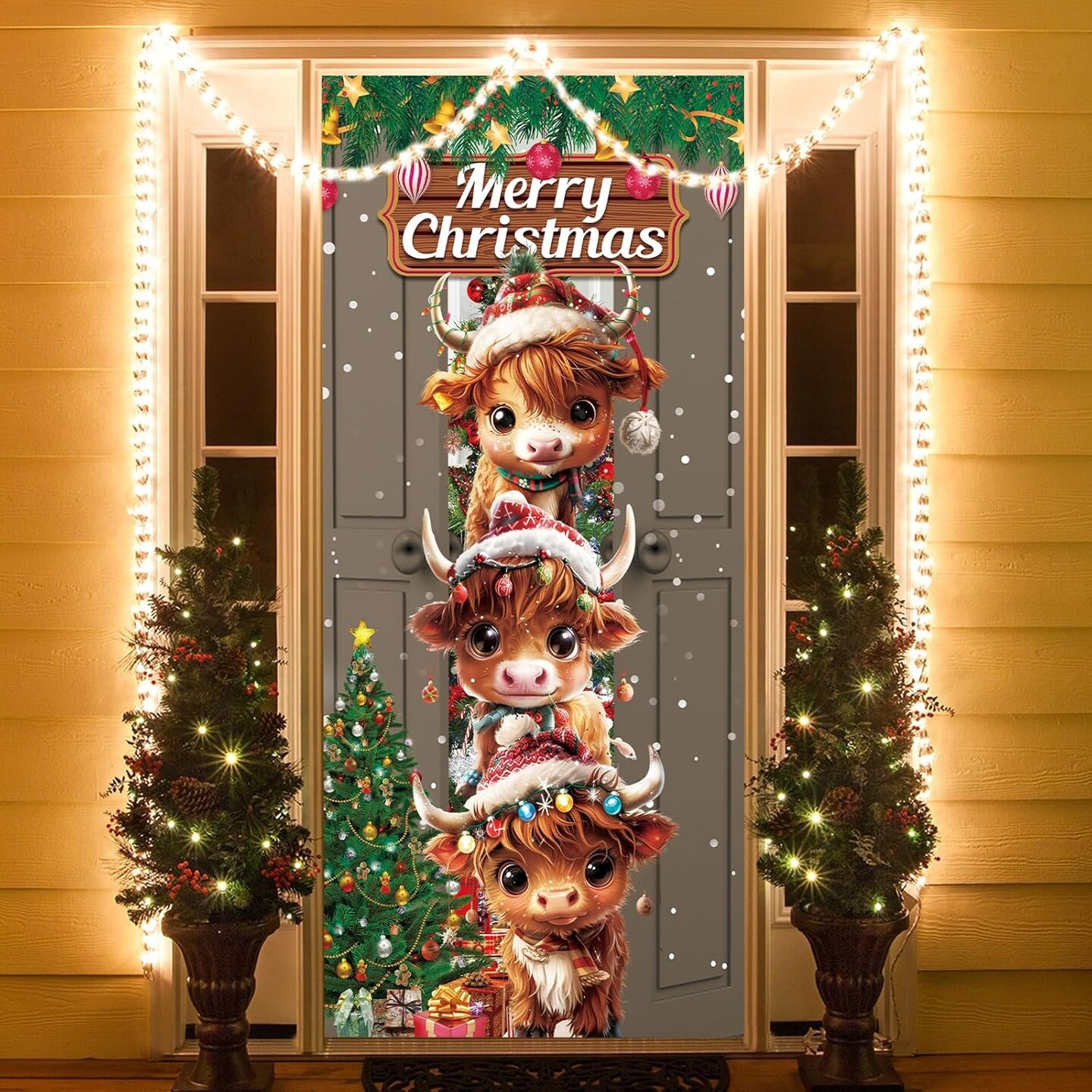Christmas Door Cover Decorations, Cute Xmas Front Door Highland Cow Banner Covering, Fabric Christmas Door Hanging Banner Decor Indoor Outdoor Xmas Party Supplies Decorations 72.8x35.4 Inch