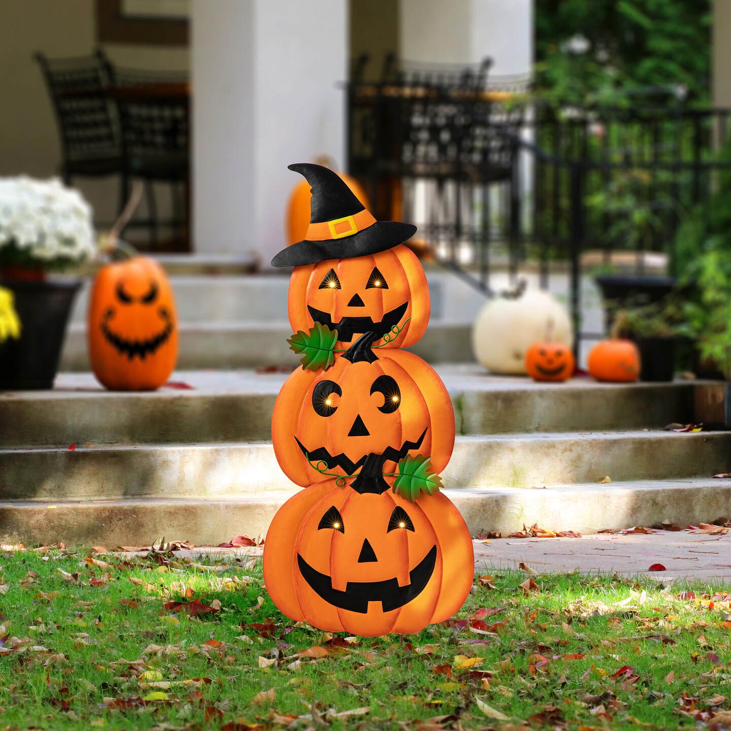 39.75&#x22;H Set of 3 Halloween Lighted Metal Stacked Jack-O-Lantern Yard Stake or Hanging Decor with Timer (KD, Two function)