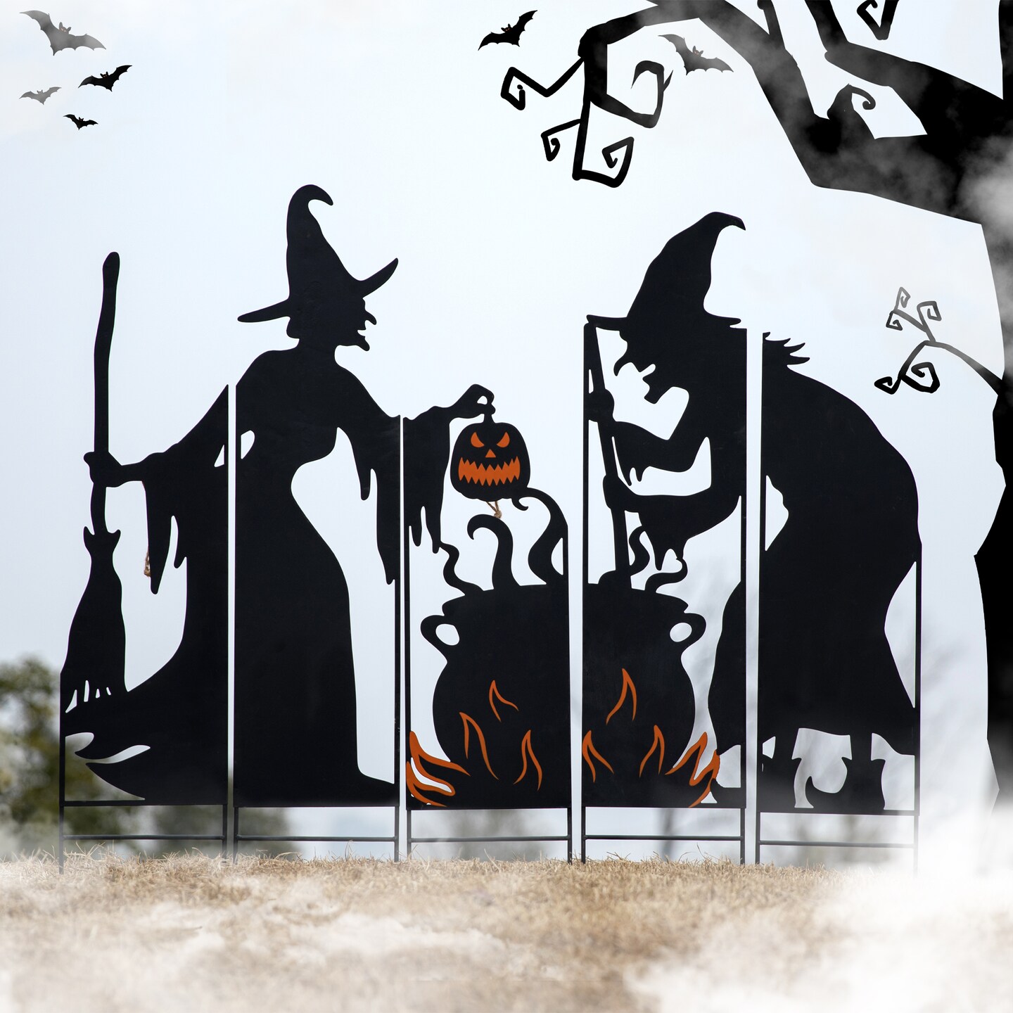 34.5&#x22;H Set of 5 Halloween Metal Silhouette Witches with Cauldron Yard Stake(Two function)