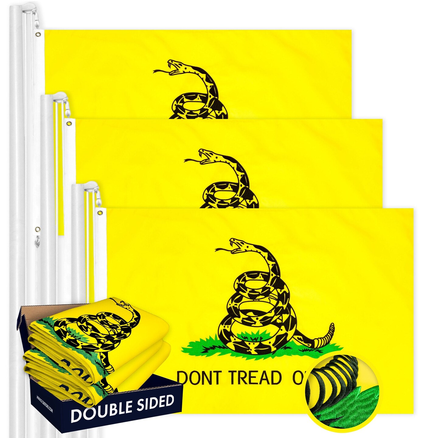 G128 3 Pack: Gadsden Don&#x27;t Tread On Me Flag | 16x24 In | Double ToughWeave Series Double Sided Embroidered 210D Poly | Historical Flag, Embroidered Design, Brass Grommets, Heavy Duty, 3-ply