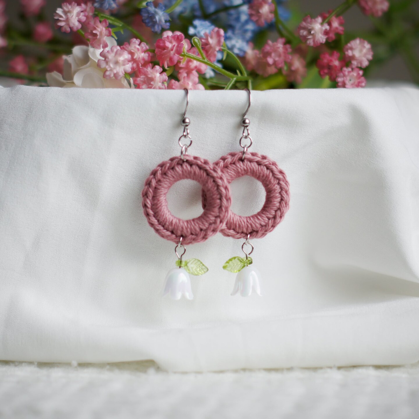 Crochet Mandala Floral Earrings with Rose Gold Stainless Steel Ear