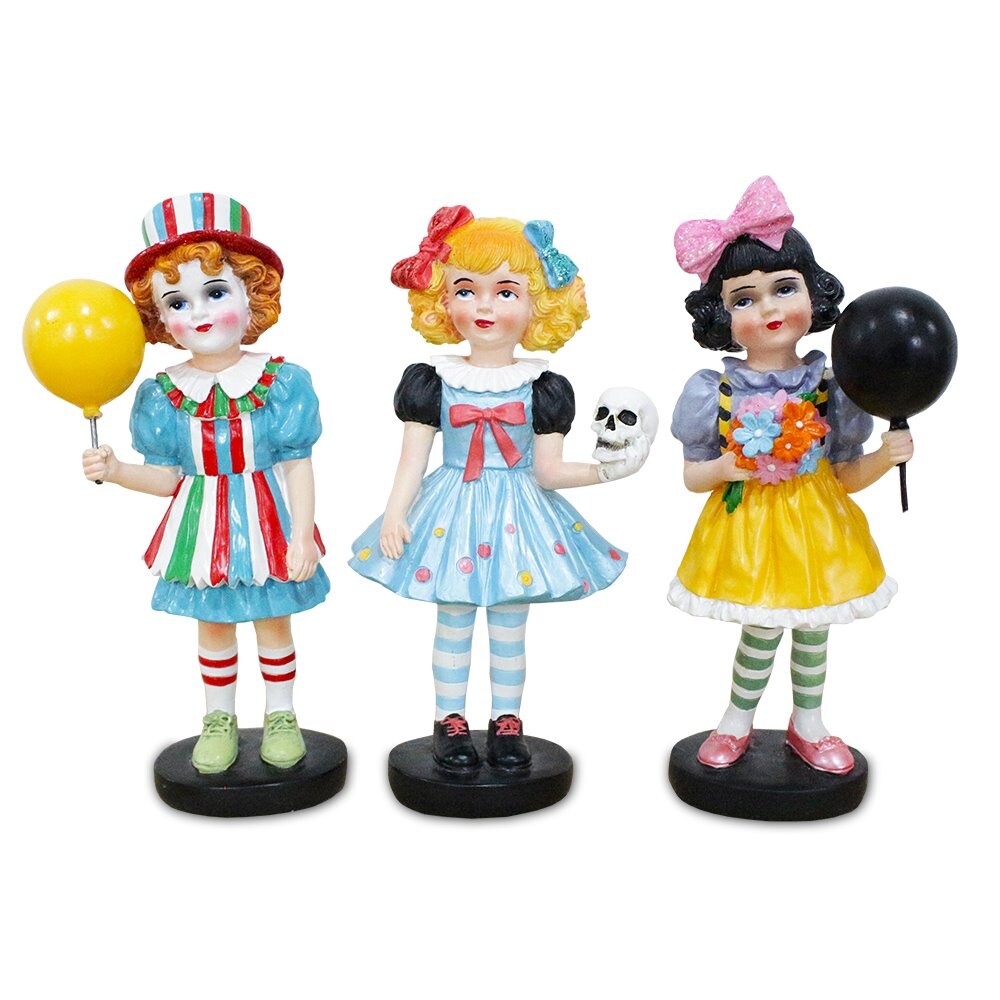 Spooky Victorian Masquerade Girl Trio, 6&#x22; Trick or Treat Clown Figurines and Hauntingly Elegant Halloween Decor