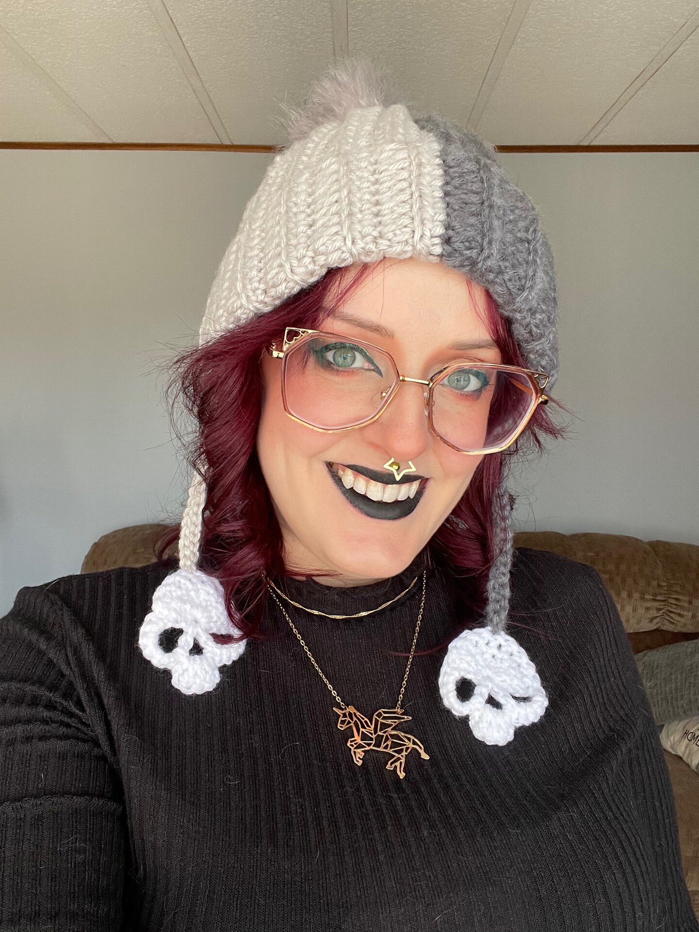 Crochet Skull Tassel Pom Pom Beanie - two tone gray alternative