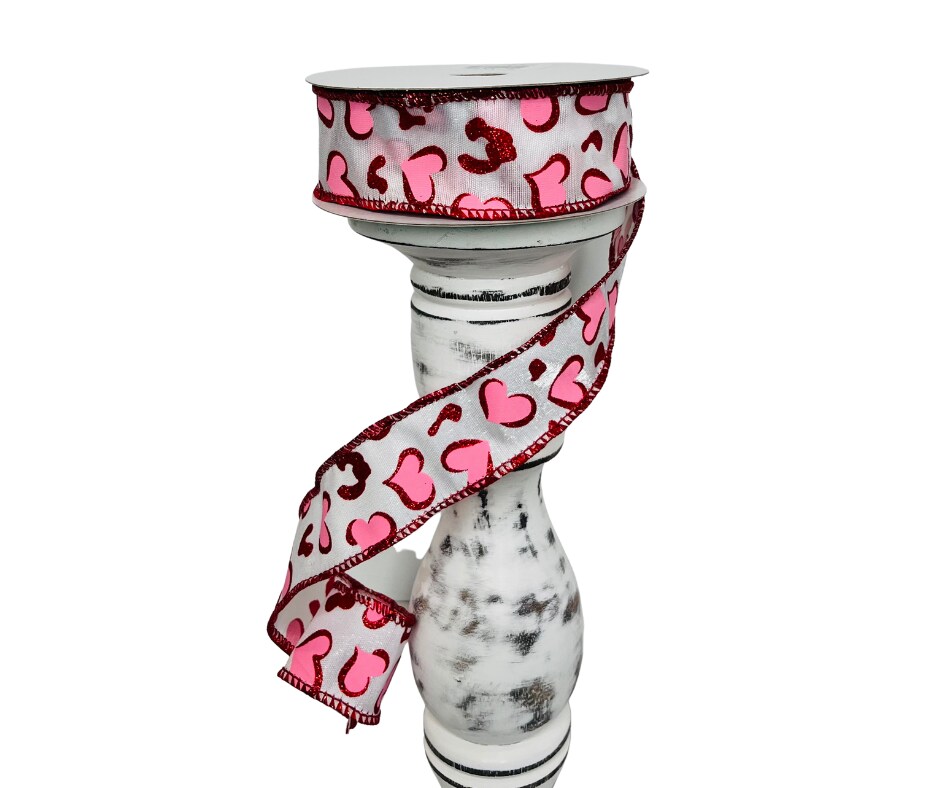 1.5&#x22;x10YD Heart Leopard Spots Valentine&#x27;s Day Wired Ribbon - Pink/Red/White - Playful Romance for Crafts and Decor (RGC189624)