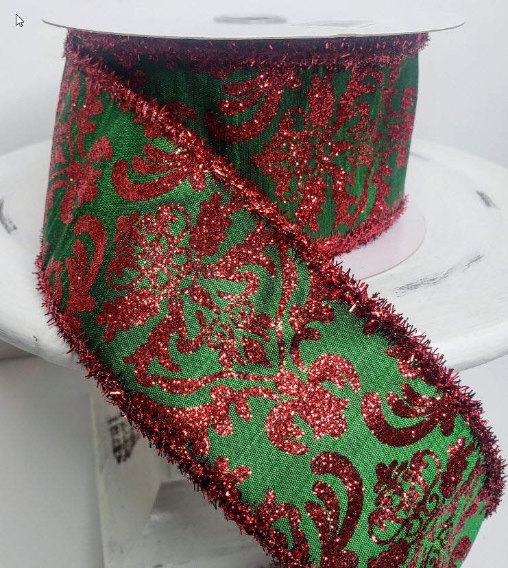 2.5&#x22;x10YD Bold Damask Red/Green Dupioni Tinsel Wired Christmas Ribbon