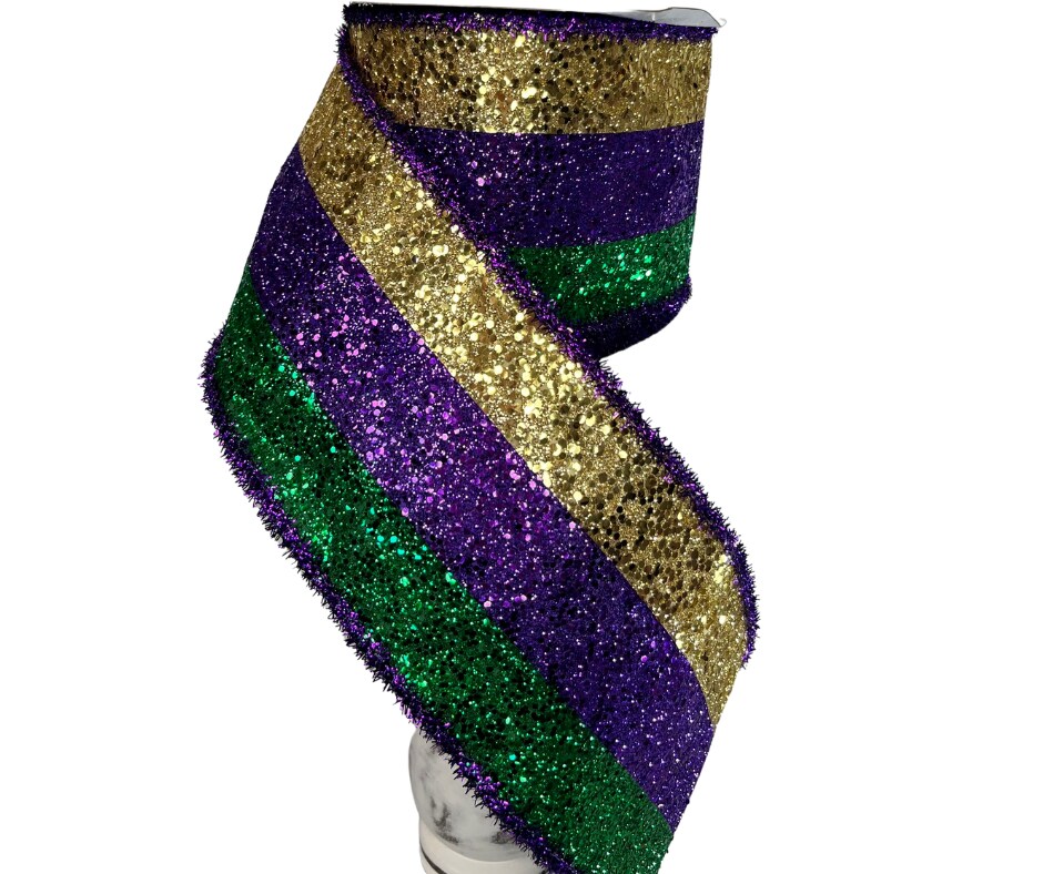 4&#x22;x10yd Mardi Gras 3-In-1 Large Glitter Tinsel Wired Ribbon &#x2013; Purple, Green, Gold | RG8986AP