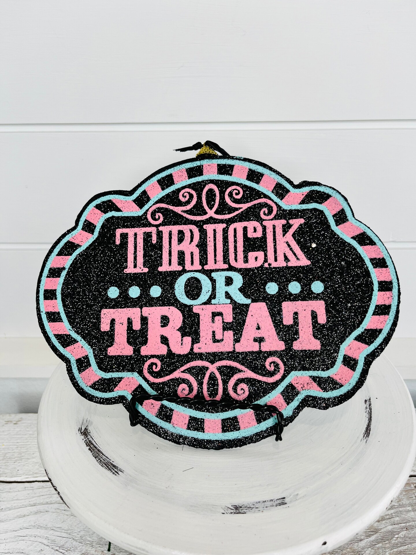 Spooky Delight: Pink/Mint/Black Halloween Trick or Treat Foam Sign-56596MIPK