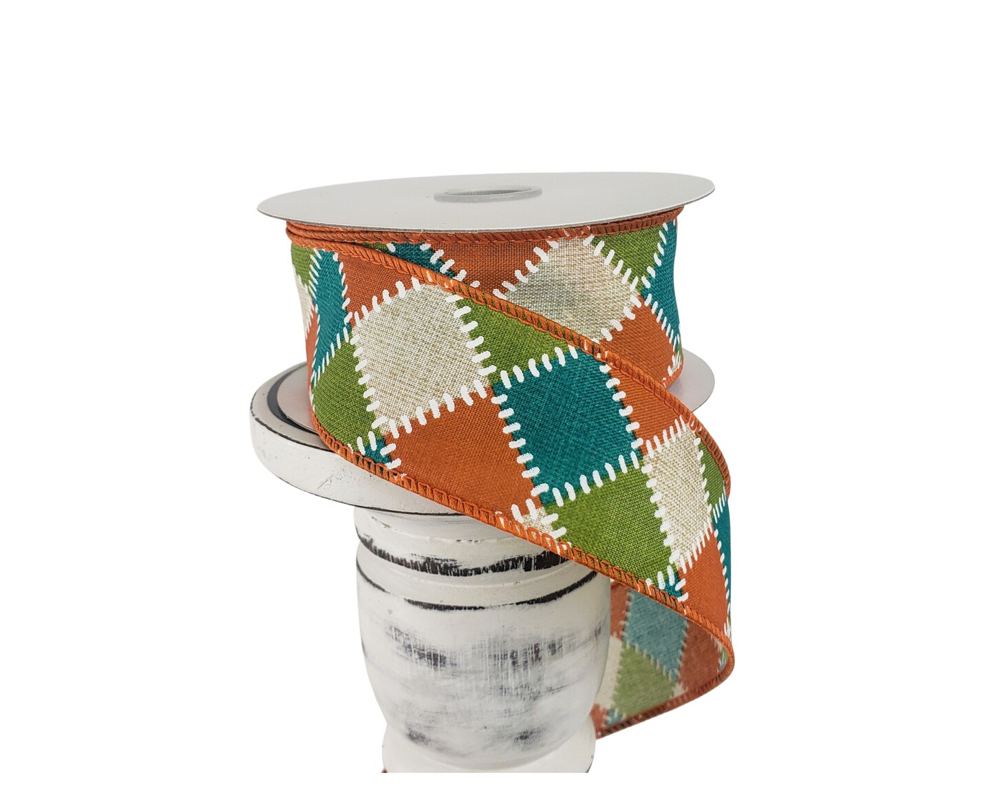 1.5&#x22;x10YD Fall Stitch Check Wired Ribbon - Teal/Moss/Orange/Natural - Cozy and Vibrant Accent for Autumn Crafts and Decor-(61101-09-33)