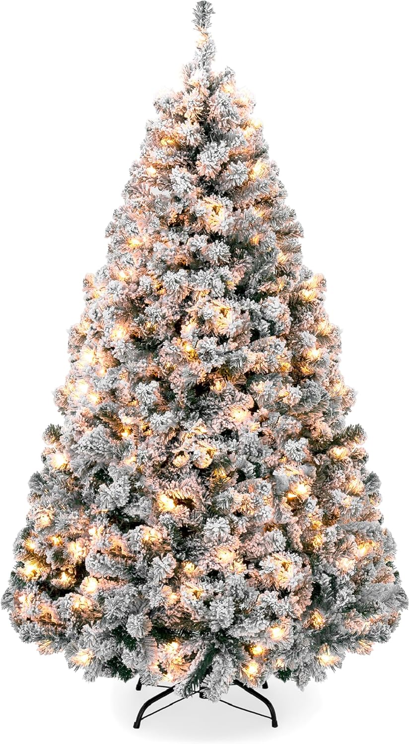 Snow Flocked Christmas Tree Full Green Pine with 250 Lights, Dense Branch Tips &#x26; Metal Stand for Indoor Winter Decor