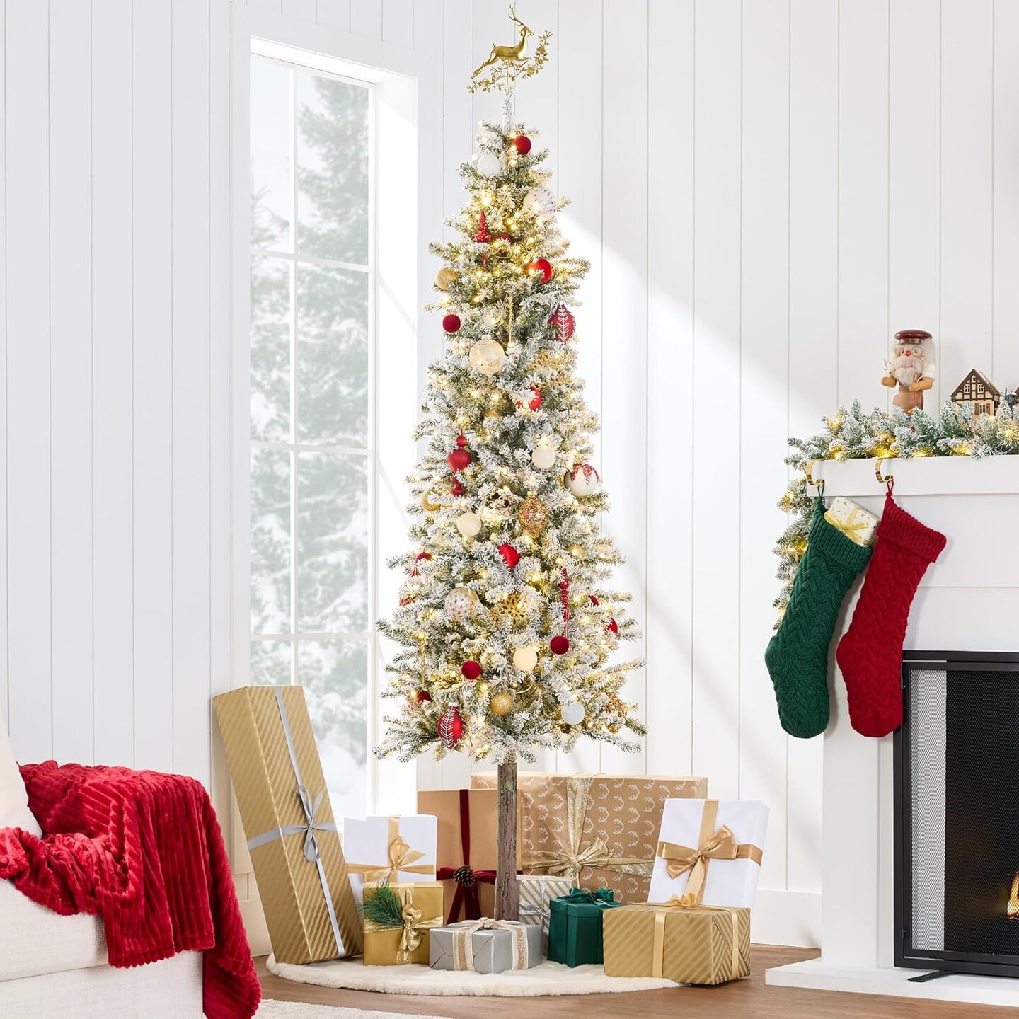 Flocked Pencil Christmas Tree Slim Alpine Green Tree with 250 LED Lights, Snowy Branches &#x26; Metal Stand