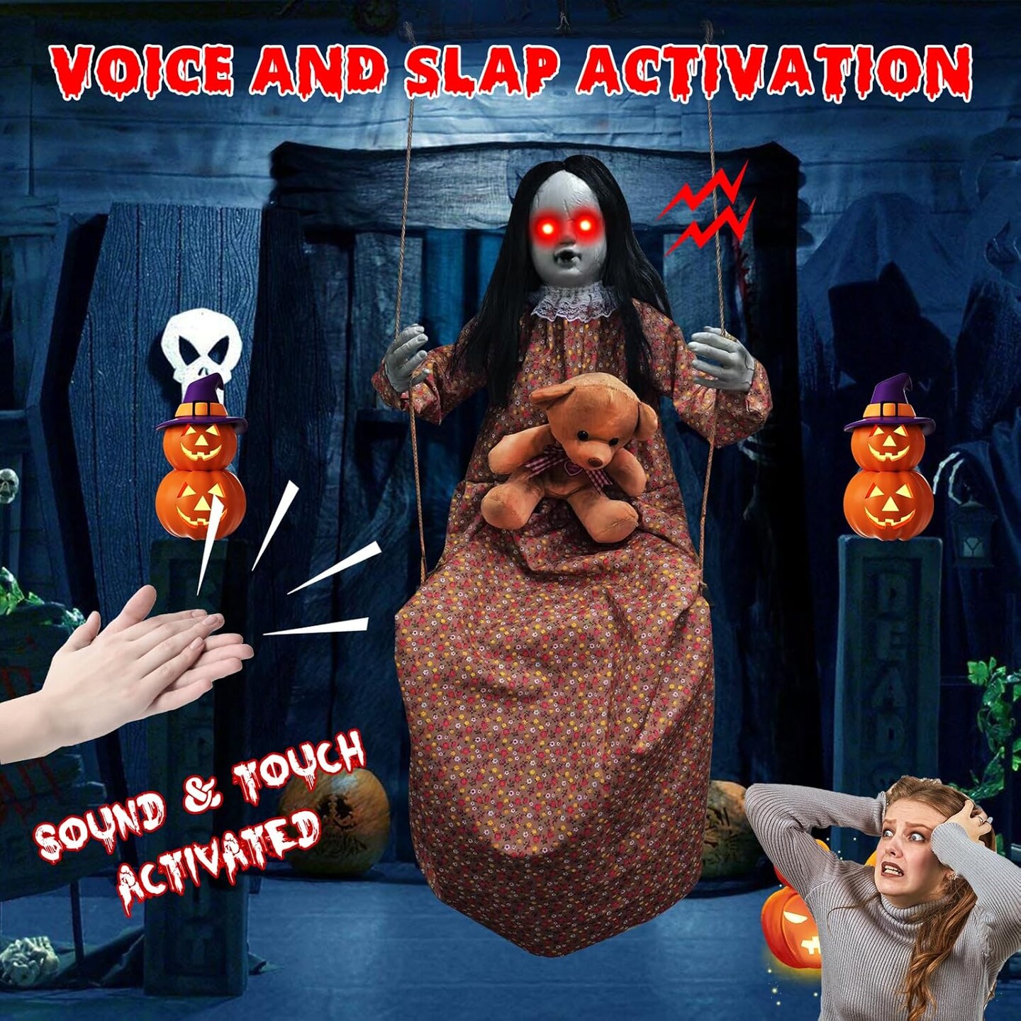 Halloween Hanging Girl with Bear Doll - Light Up Eyes and Sound &#x26; Slap Activated