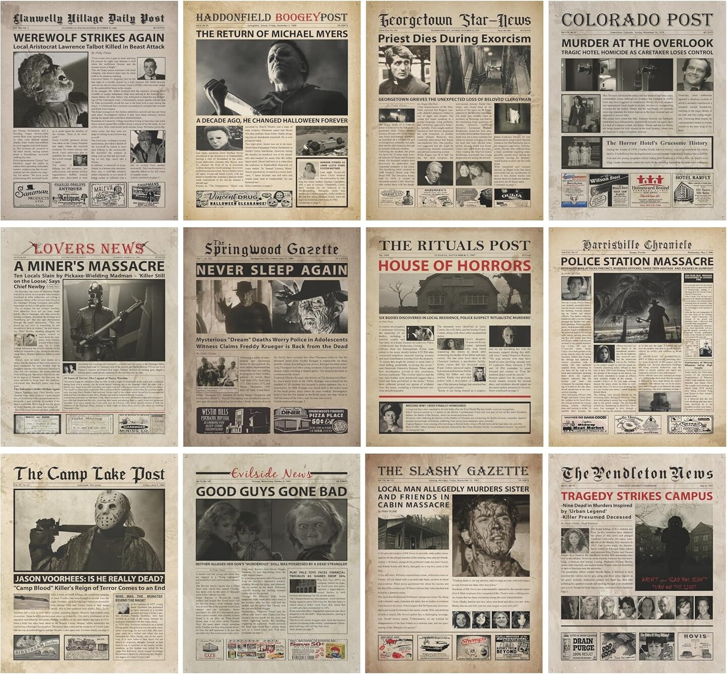 Vintage Horror Movie Newspaper Posters – 8x10 Inches, Unframed, Gothic & Witchy Halloween Wall Art