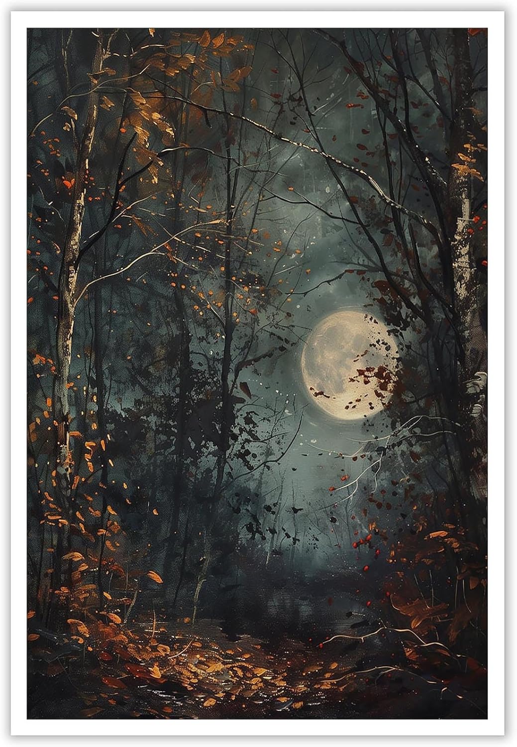 Horror Creepy Autumn Full Moon Dark Forest Canvas Wall Art – Cottagecore & Moody Fall Gothic Decor, Dark Academia Poster, 12x16 in Unframed