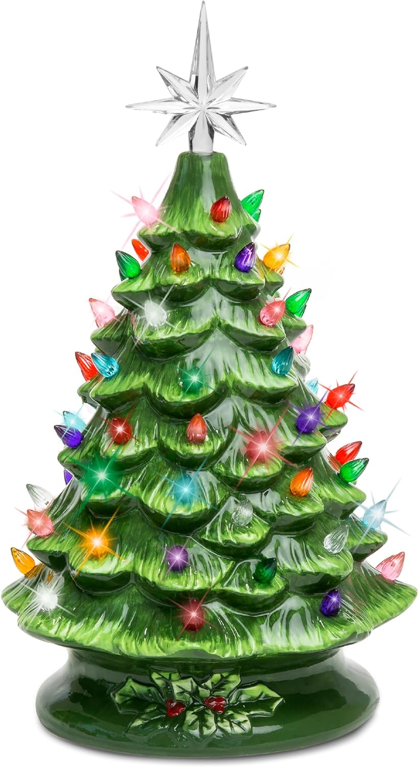 15in Ceramic Christmas Tree Pre-Lit Tabletop Holiday Tree with Star Topper and Multicolored Bulbs