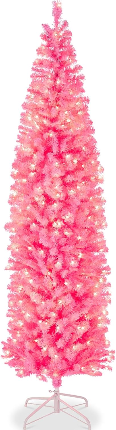 Pencil Artificial Christmas Tree with 300 2-in-1 White &#x26; Multicolor LED Lights &#x26; Sturdy Metal Base