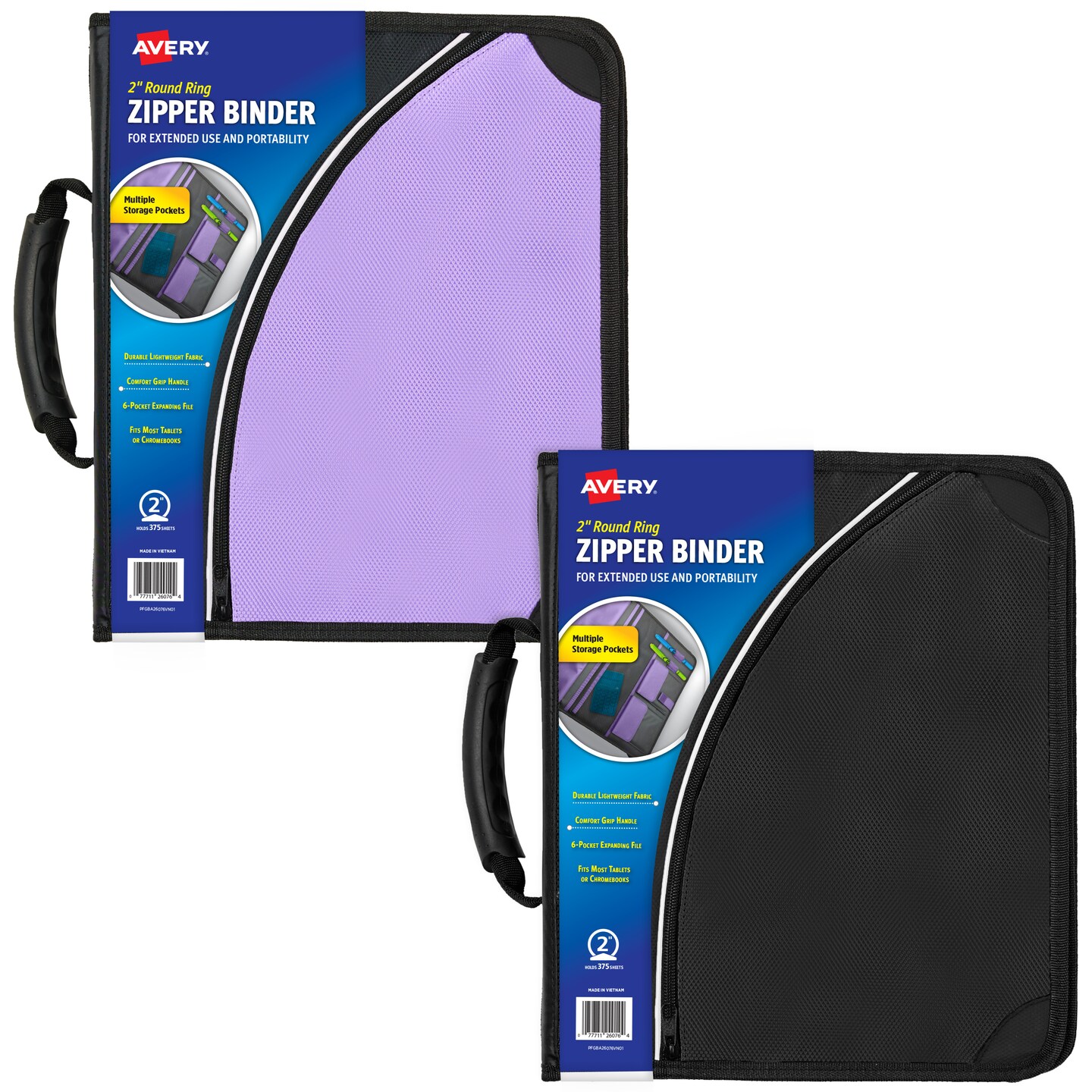 Avery Zipper 3 Ring Binders, 2&#x22; Round Rings, 375-Sheet Capacity, 2.8-Inch Wide Spine, Available in Purple or Black Binder, Color Received Will Vary (26076)