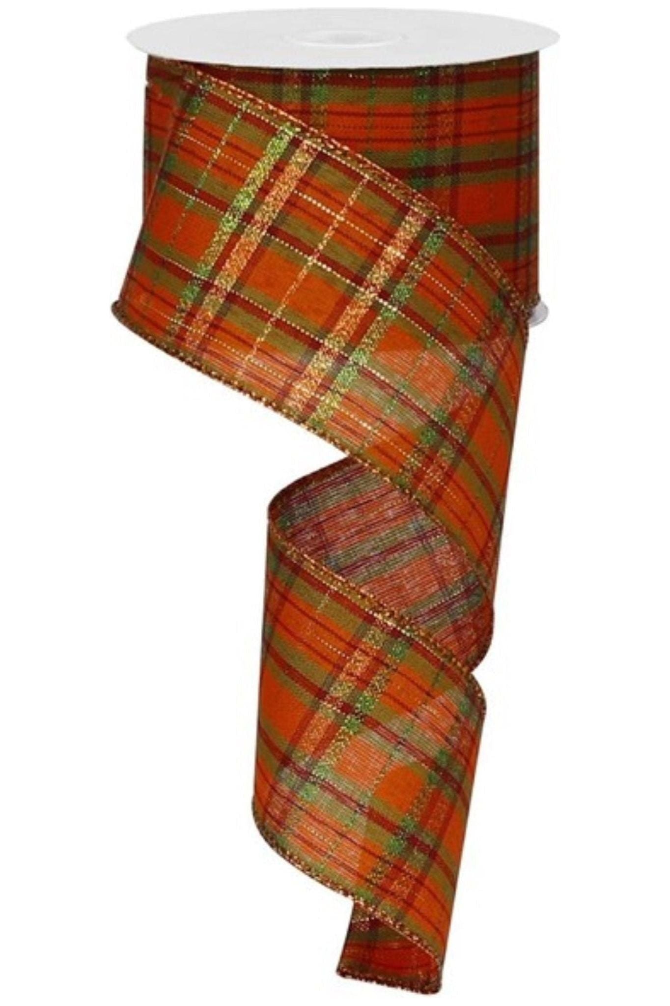 2.5&#x22; Orange Metallic Plaid Ribbon: Moss, Burgundy, Orange, Lime (10 Yards)