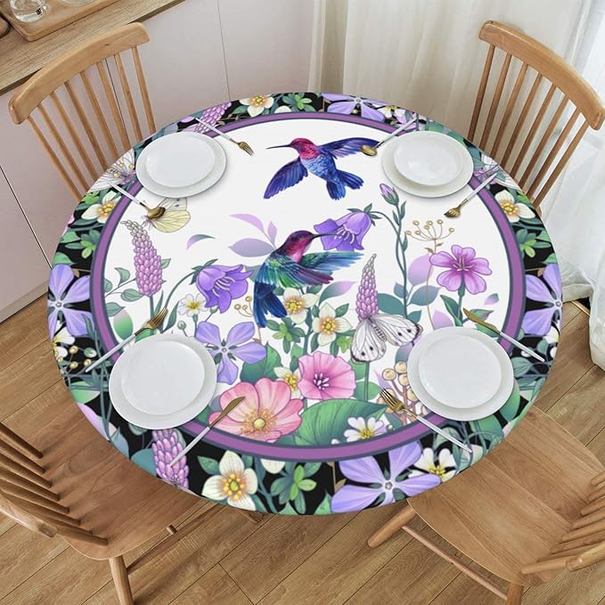 Hummingbird Tablecloths Elastic Fitted Tablecloth Round Table Cover for Dining Party Indoor Outdoor 45-50 inch