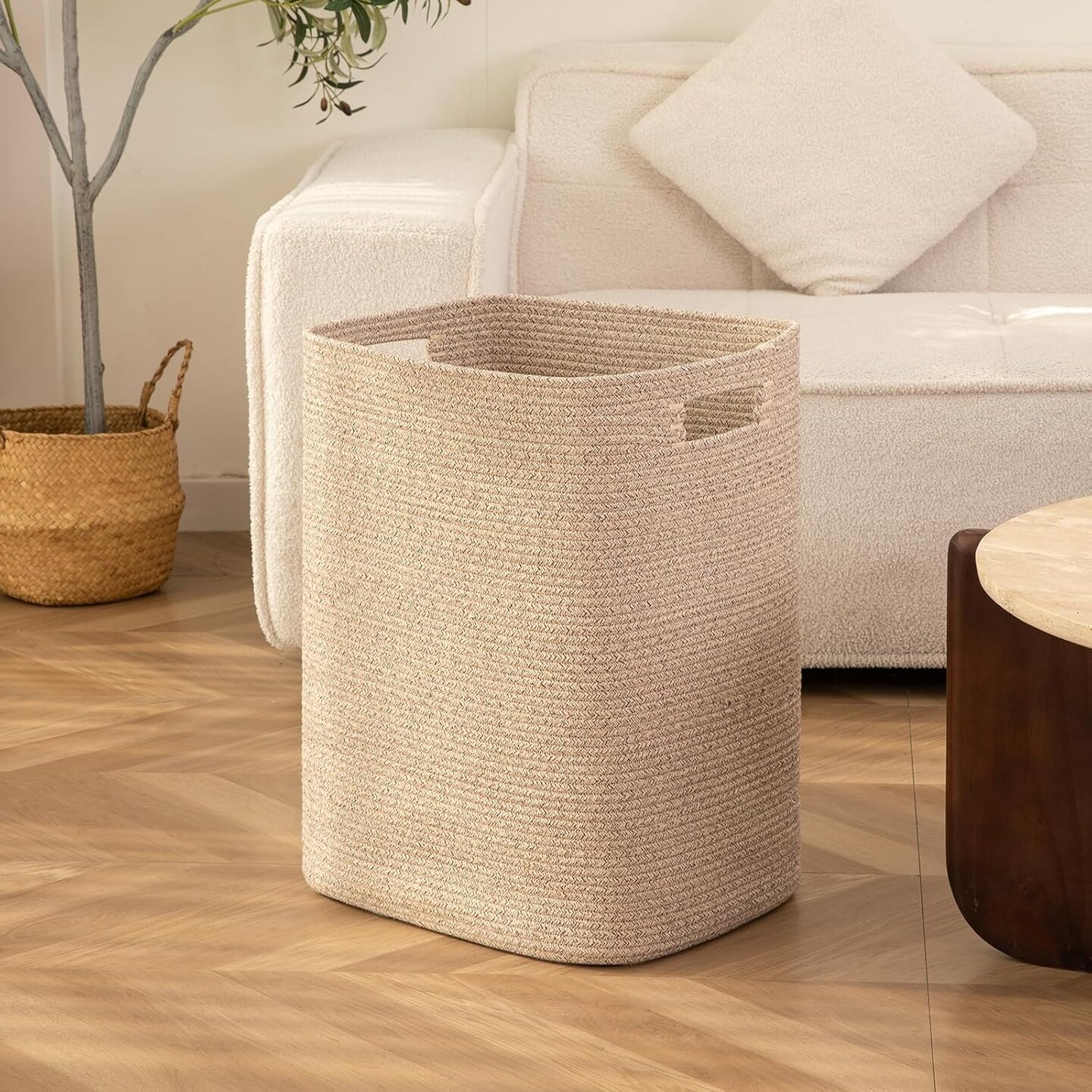 Laundry Hamper, Rectangle Cotton Laundry Basket with Handles, Large Blanket Basket for Living room, Woven Decorative Storage