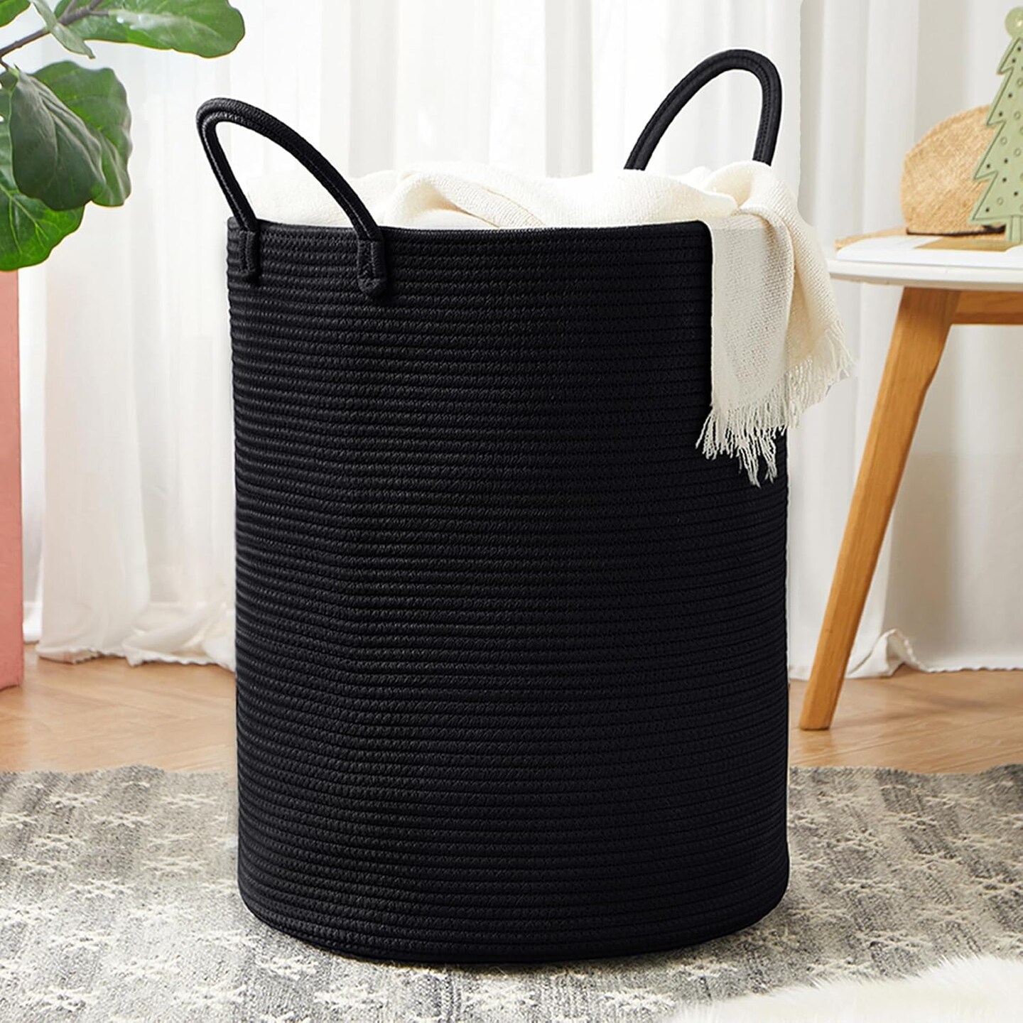 Black Woven Rope Laundry Basket Hamper for Clothes Tall Modern Blanket Storage Basket in Living Room Bedroom