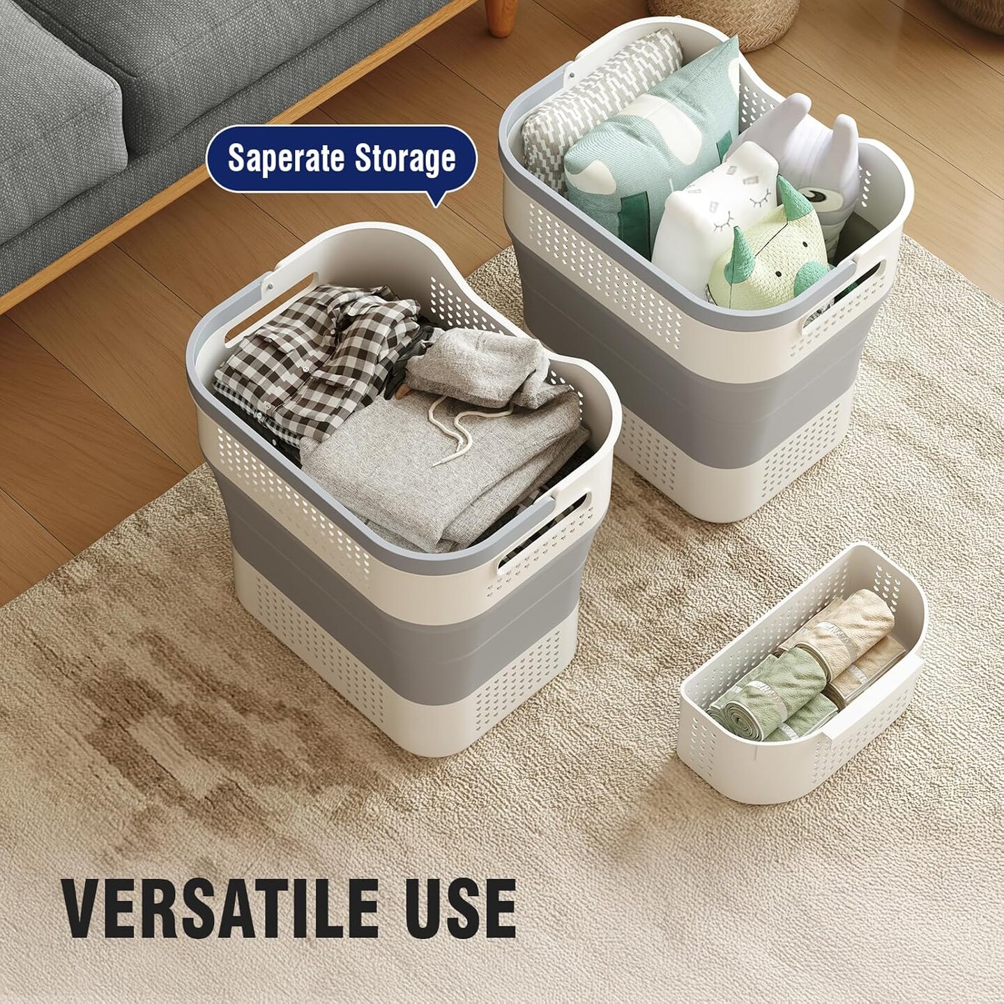 Collapsible Plastic Laundry Basket Hamper with Handles, 43L (11.5Gallon) Portable Rubber Clothes Basket, Pop Up Storage Container/Organizer