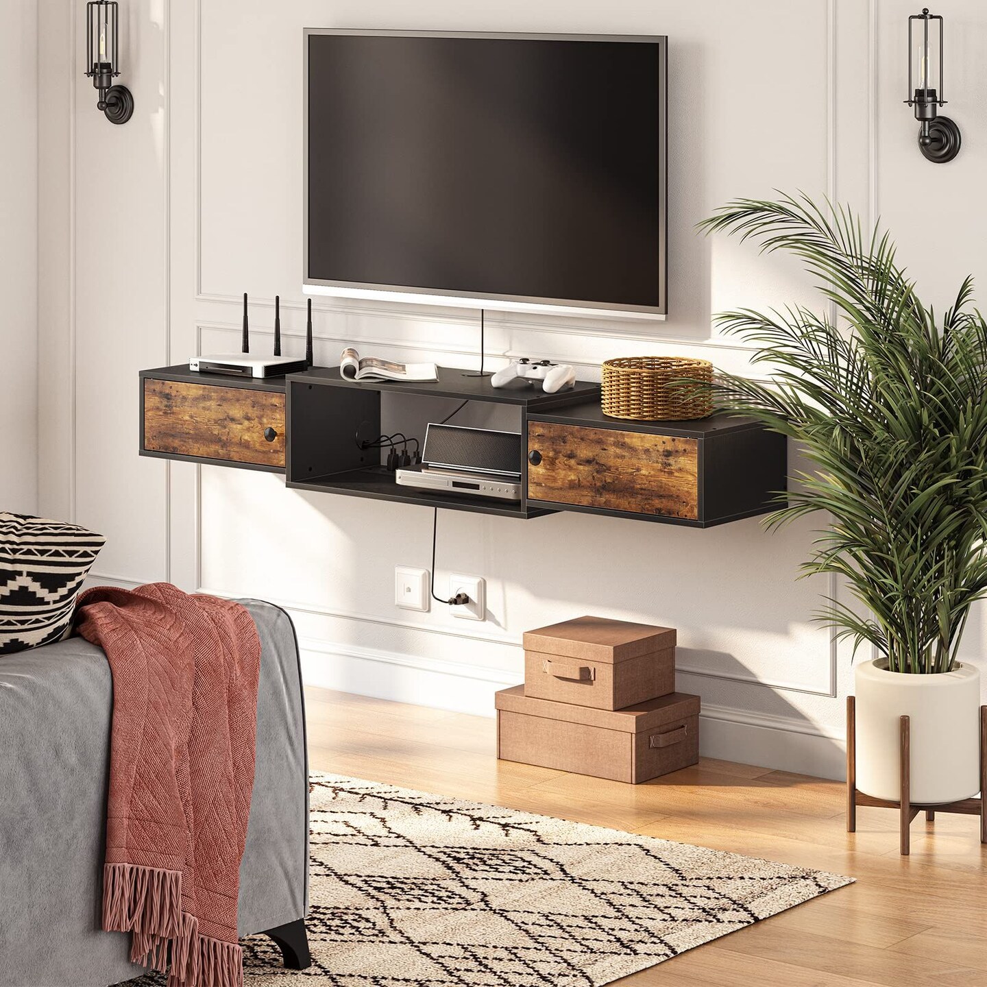Brown Wall Mounted TV Stand 55 Inch with 4 Power Outlets and Storage