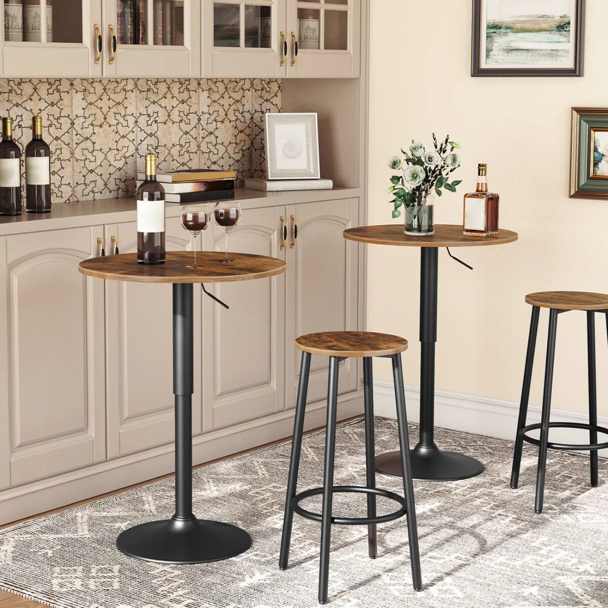 Brown Adjustable Bar Table, Round Bistro Table for Home and Cafe