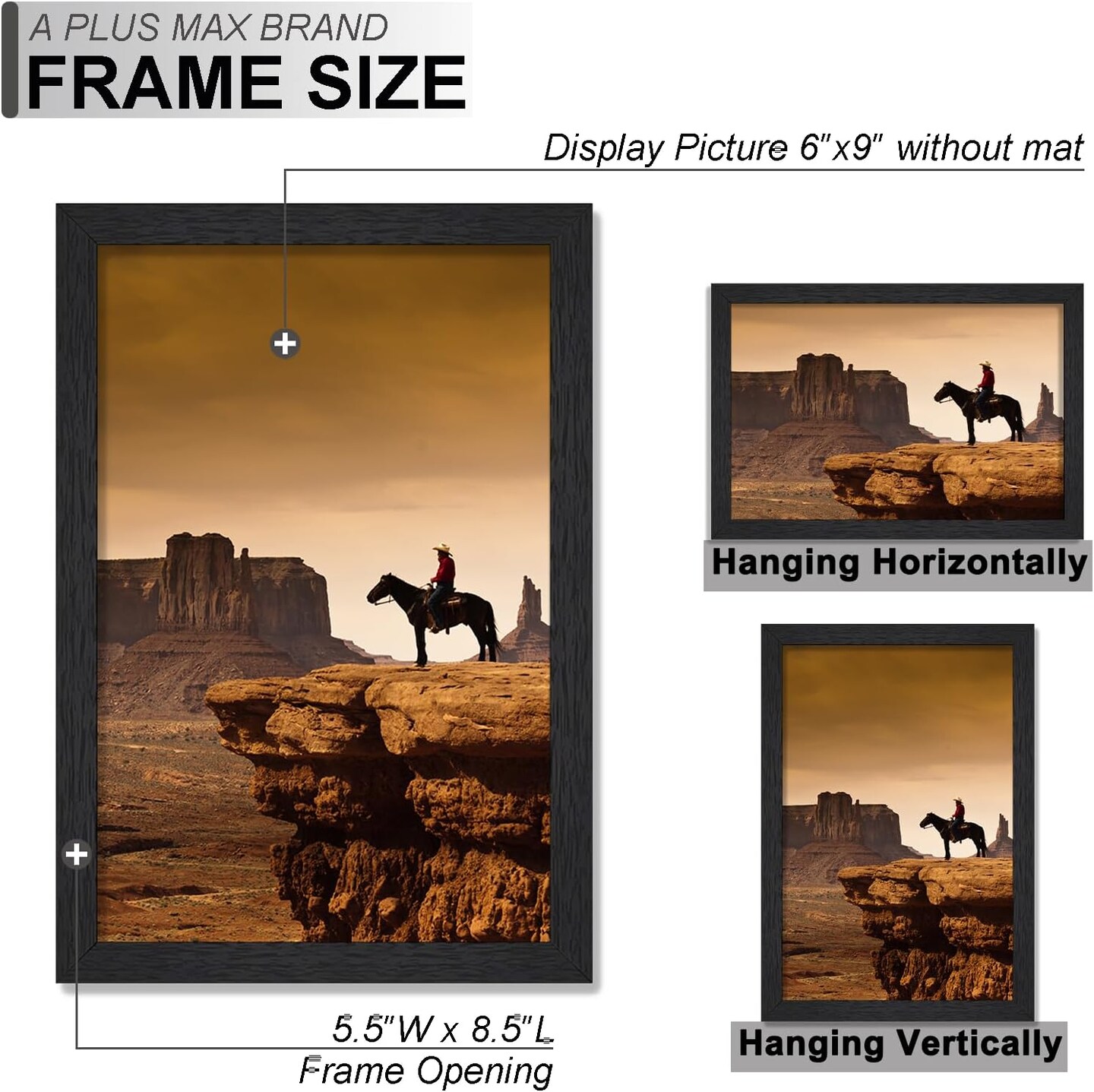 6x9 Picture Frame Set of 6, Black Engineered Wood Frame for 6 x 9 Inch Picture Poster Photo, Light Weight 6 by 9 Frame with Wood-grain for Wall