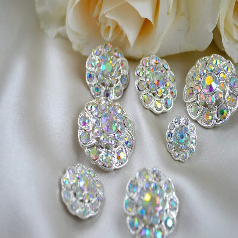 3/4&#x22; AB Rhinestone Silver Metal Flower Button 1 Piece