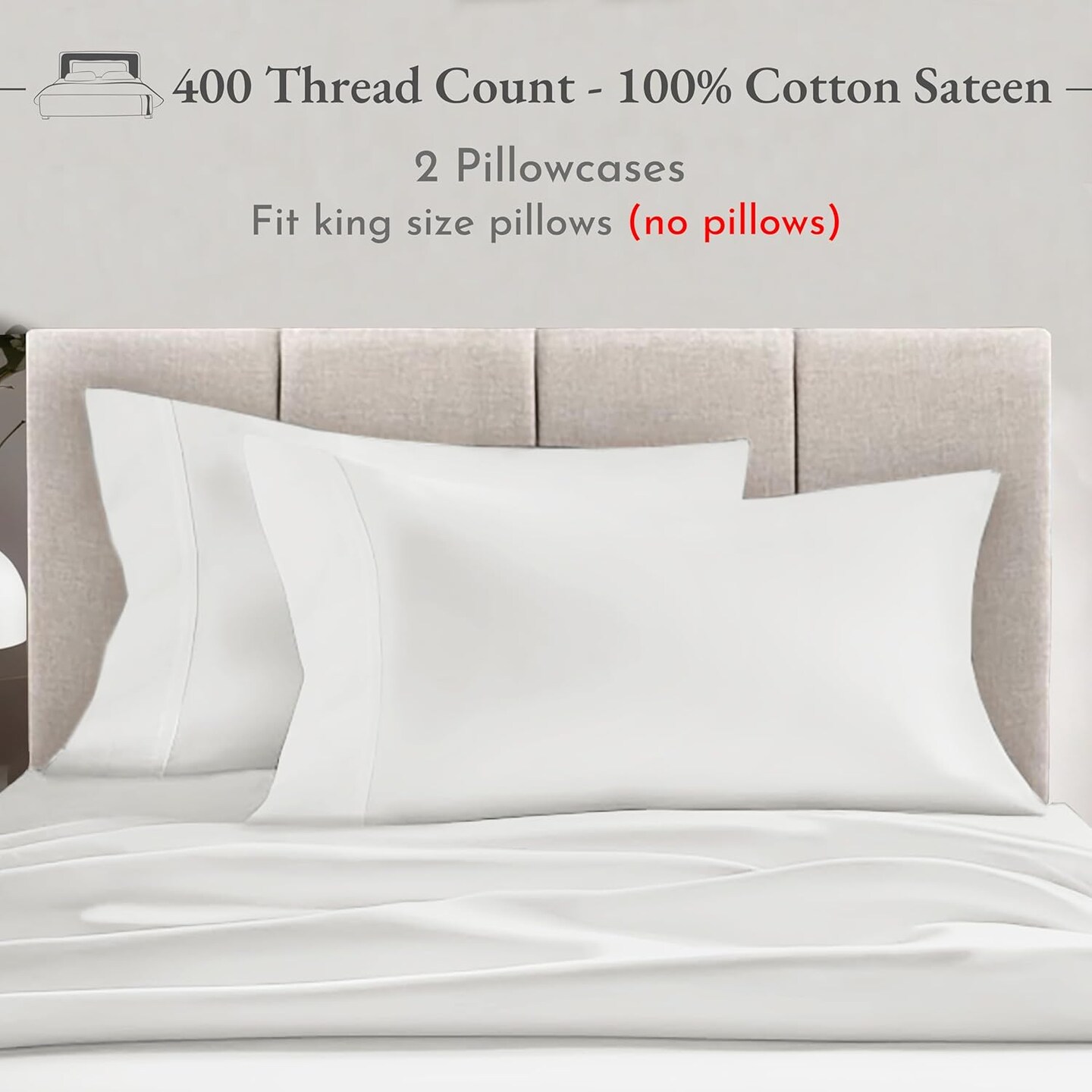 King Size Pillowcase Set - 400 Thread Count, 100% Cotton Sateen, Luxury Set of 2 Pillow Covers, Breathable, Cooling