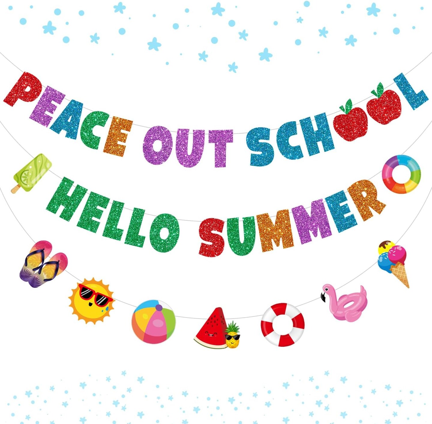 Schools Out for Summer Decorations, Glittery Peace out School Hello Summer Banner, NO-DIY End of School Year Party Decorations Include 1 Pc Last Day of School Decorations Banner and1 Pc Summer Garland