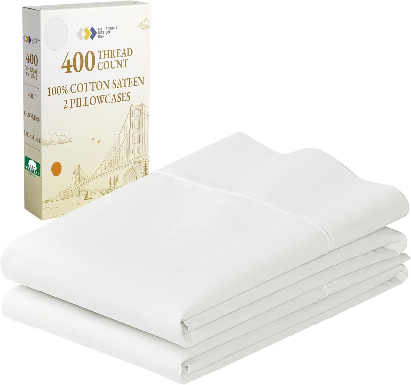 King Size Pillowcase Set - 400 Thread Count, 100% Cotton Sateen, Luxury Set of 2 Pillow Covers, Breathable, Cooling
