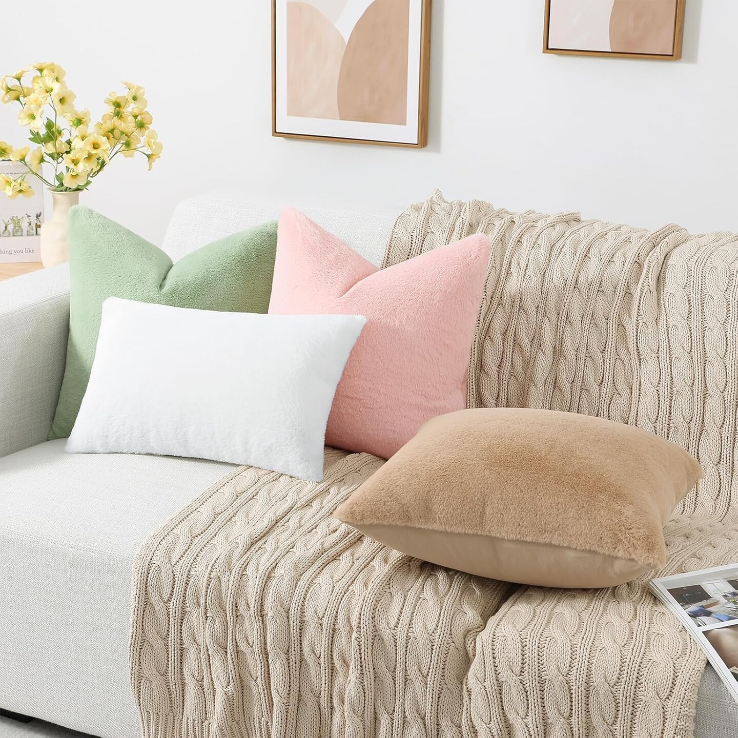 Faux Fur Plush Throw Pillow Covers 18x18 Set of 2, Luxury Soft Fluffy Cozy Decorative Pillow Covers for Sofa, Couch, Living Room, White