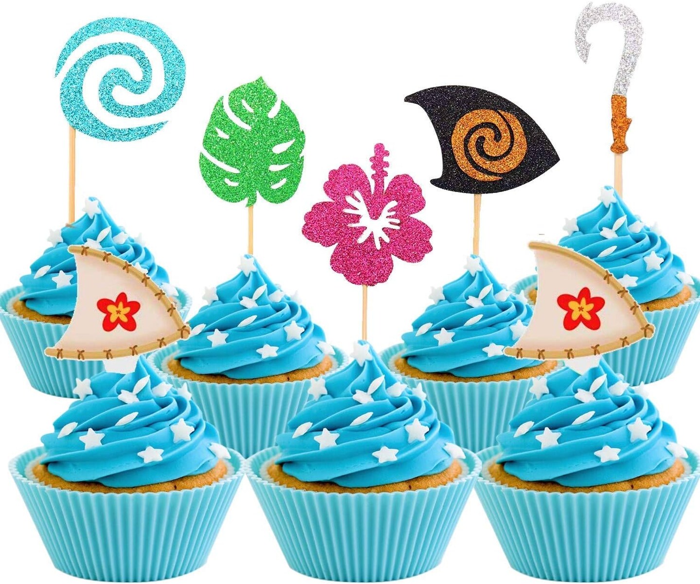 30 Pcs Glittery Moana Inspired Cupcake Toppers Moana Cake Toppers Hawaiian Birthday Party Decoration for Tropical Luau Summer Party Baby Shower Wedding