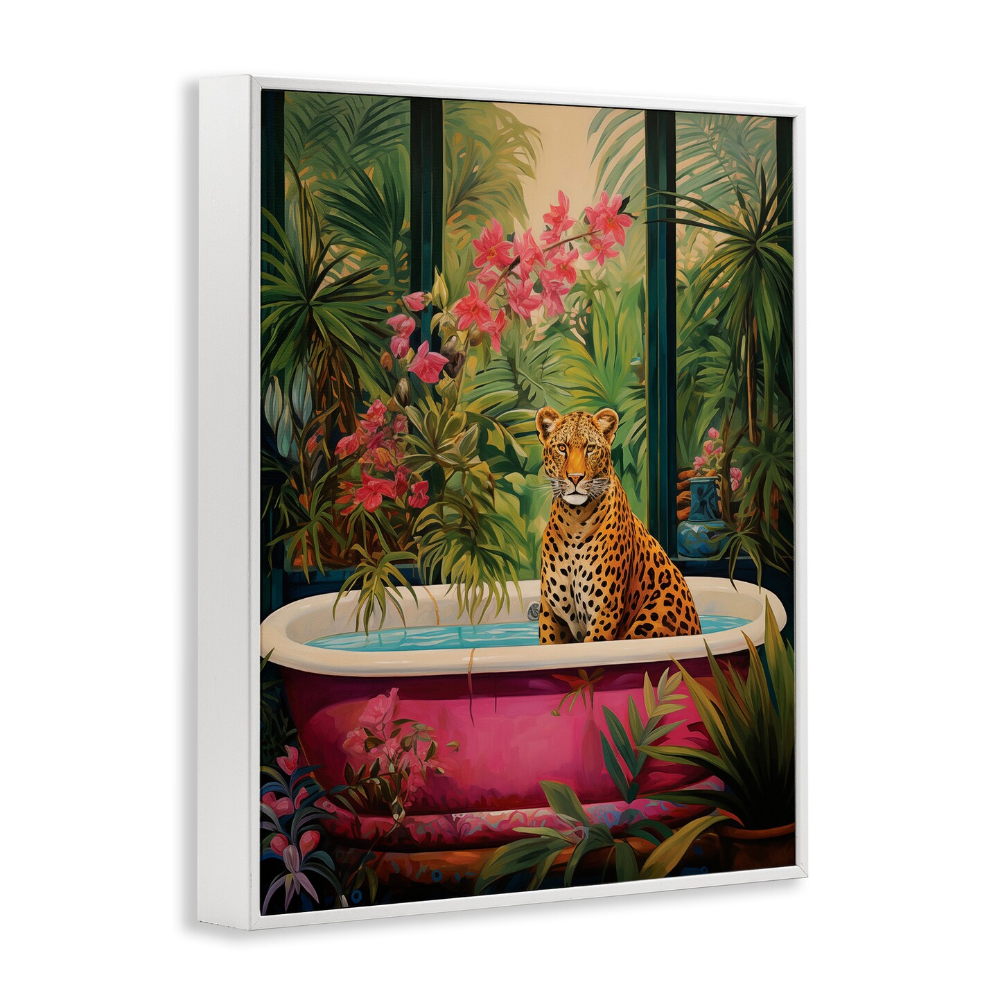 Stupell Industries Leopard in Lush Tropical Bath Framed Giclee Design by Heidi Kuntz