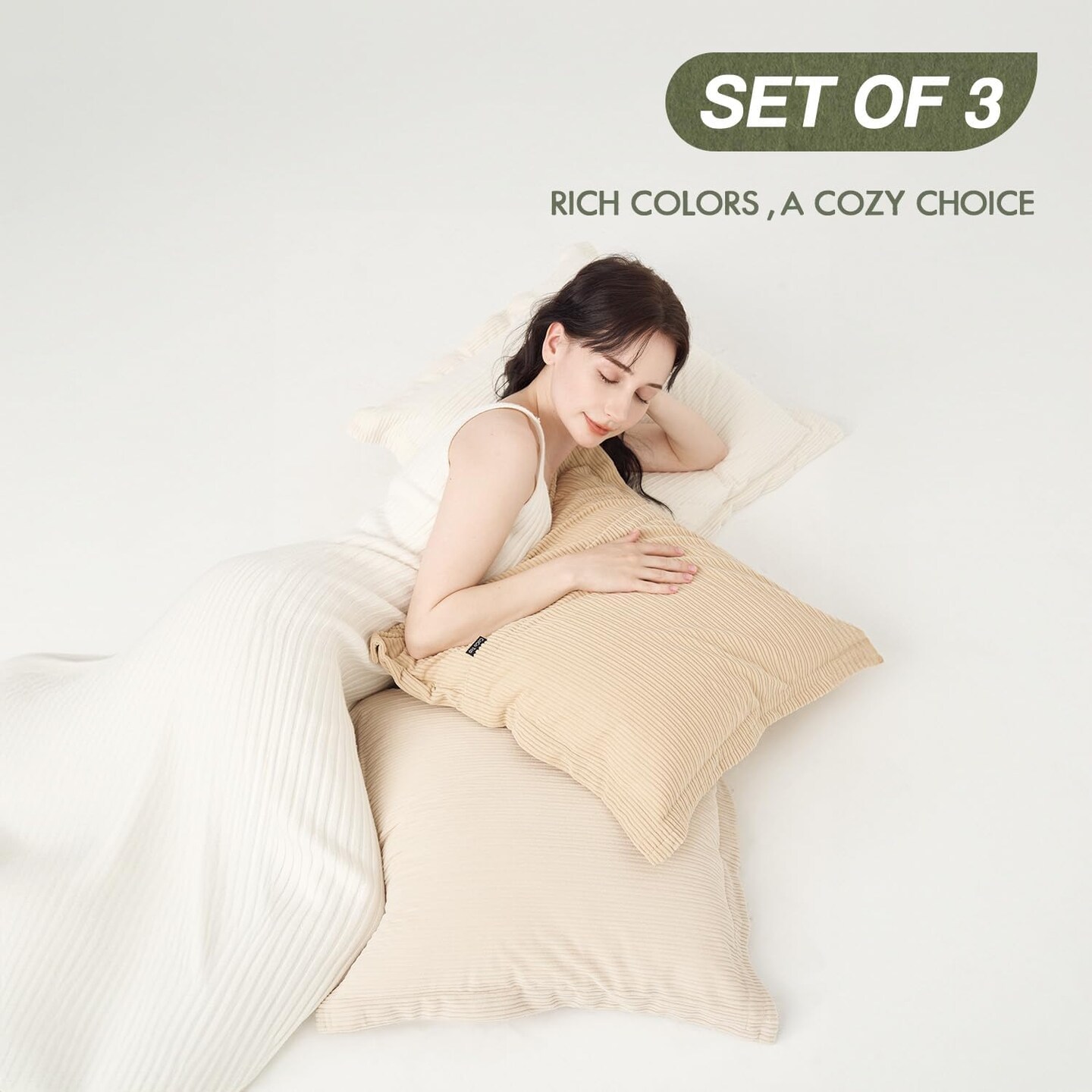 Set of 3 Decorative Vintage Throw Pillow Covers 18x18inch, Soft Striped Textured Corduroy Square Cushion Pillowcases for Modern Bedroom Living Room Farmhouse Decor(Camel, Beige & White)