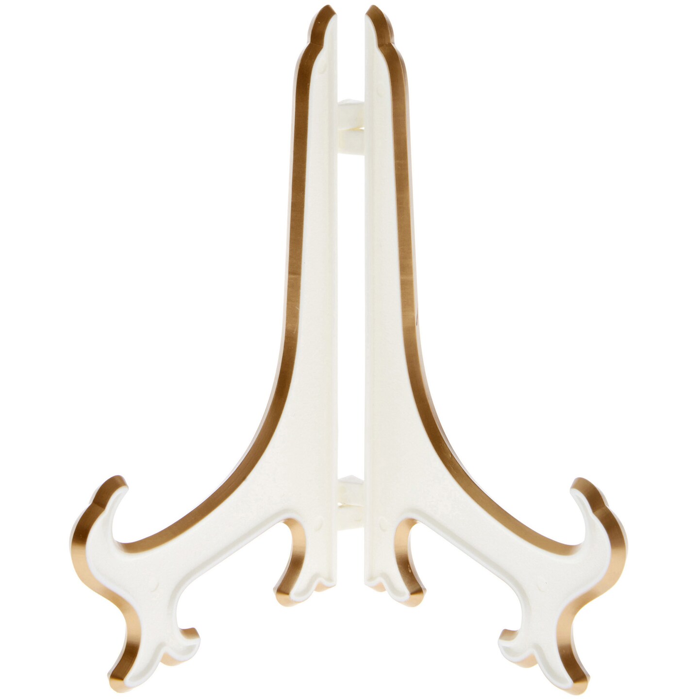 Bard&#x27;s Hinged White and Gold Plastic Plate Stand, 7&#x22; H x 5.5&#x22; W x 4.5&#x22; D (For 7&#x22; - 8.5&#x22; Plates)