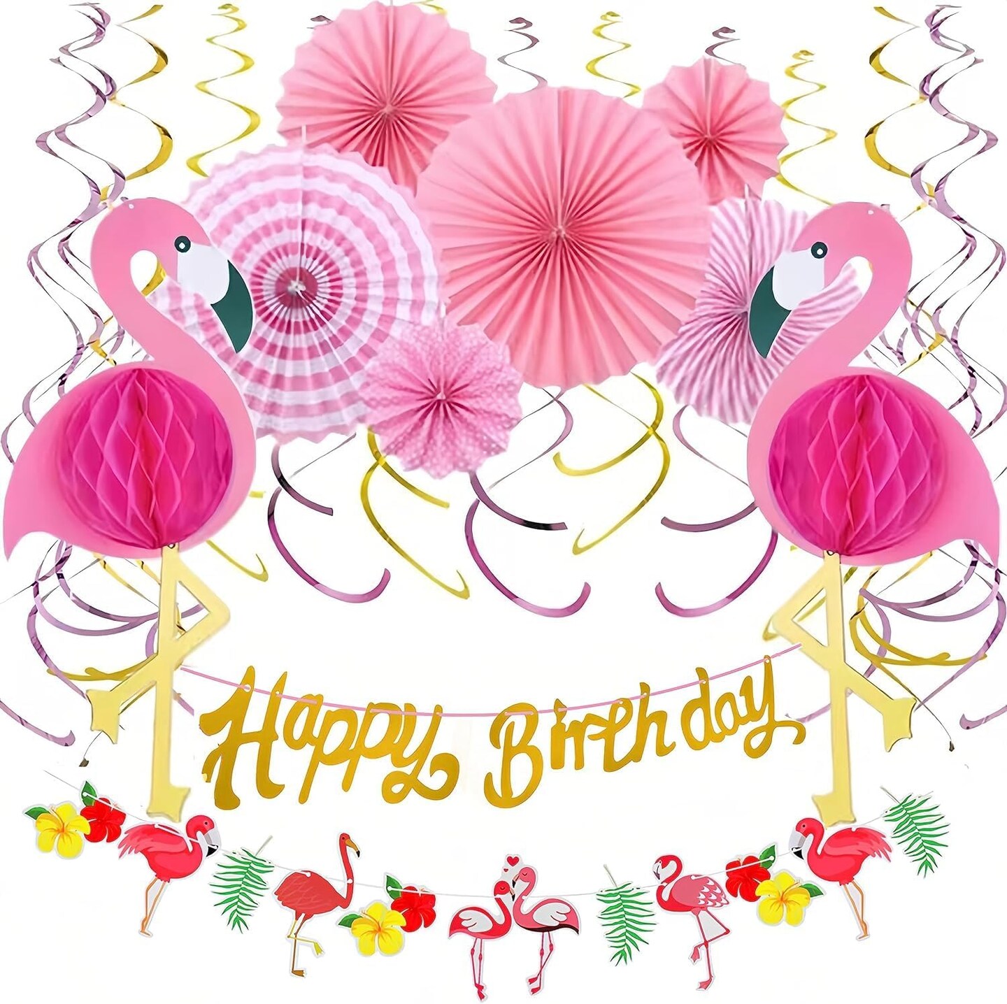 Flamingo Party Honeycomb Decoration, Hanging Pink Paper Fans, Birthday Banners, Swirl Decorations