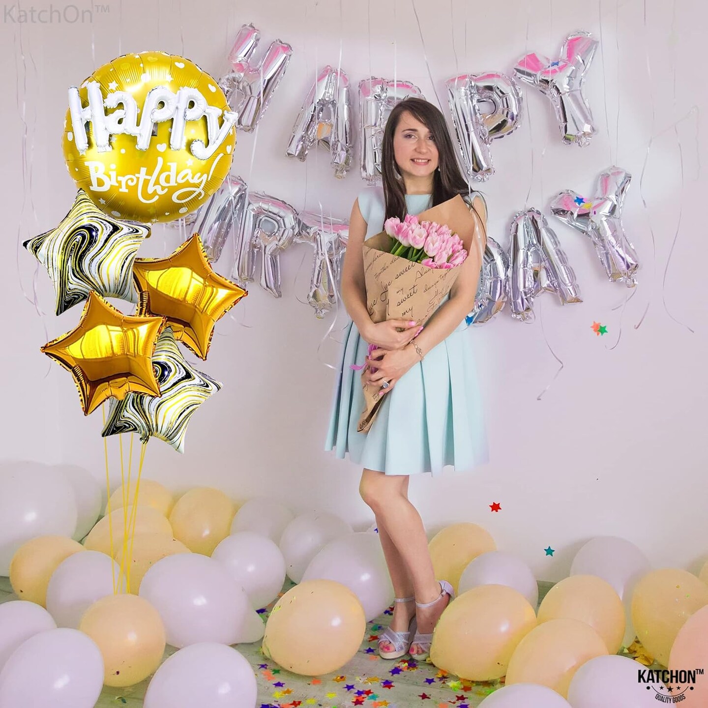 Gold Happy Birthday Balloon Set - 23 Inch, Big, Pack of 5 | Happy Birthday Mylar Balloons, Golden Birthday Balloons | Gold Star Balloons, Gold Foil Balloons | Black And Gold Party Decorations
